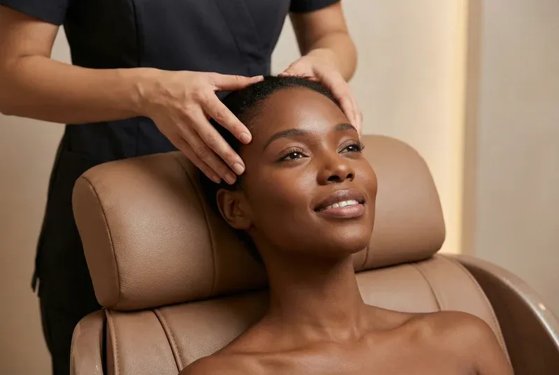 A client relaxing in the MaRe Capsule during a head massage