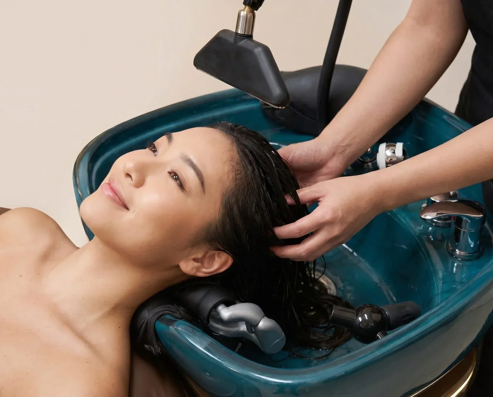 A client smiling while her hair is washed in the MaRe basin