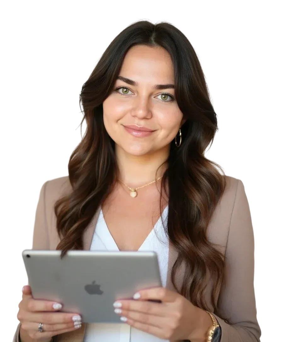Rebecca, the co-founder of MaRe, holding a tablet